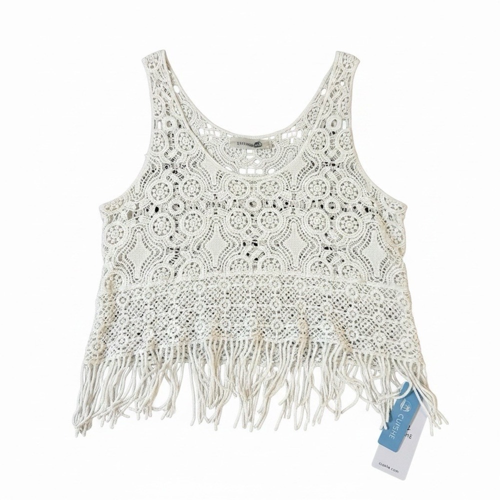 NWT Cupshe White Crochet Fringe Crop Top Womens One Size Boho Festival Beach Cov